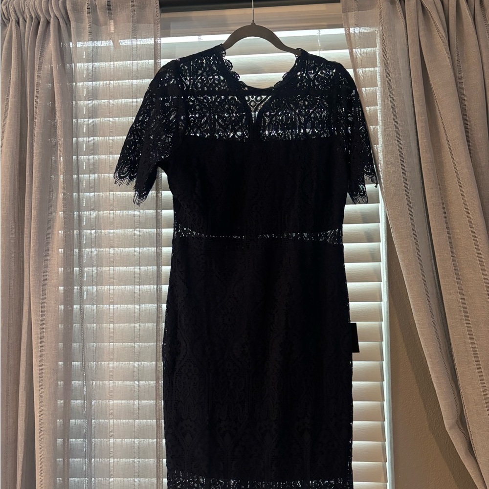 Navy Blue Lace Sheath Midi Dress with Flutter Sleeves